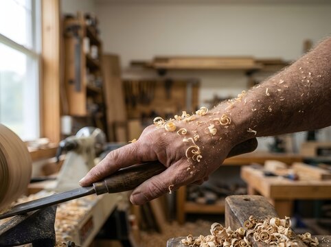 Carpenter Hand Covered in Wood Shavings Holding Chisel Shaping Timber on Lathe in Workshop