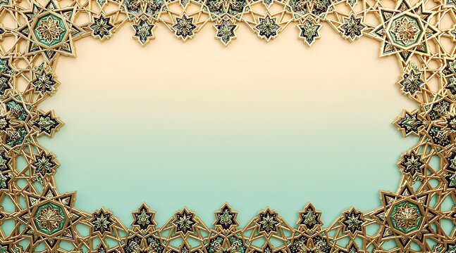 Luxury Golden Islamic Geometric Border Background with Intricate Arabesque Patterns for Eid and Ramadan