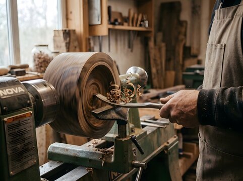 Woodworker shaping wooden bowl on turning lathe machine using sharp chisel tool in carpentry workshop