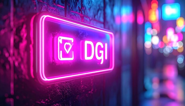 Modern Pink Neon Sign Featuring DGI Text and Heart Icon on a Textured Brick Wall in Cyberpunk City