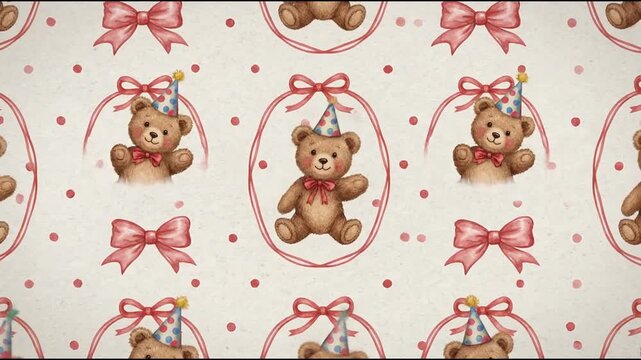 Animated Teddy Bear Pattern with Party Hats and Bows for Birthday Background