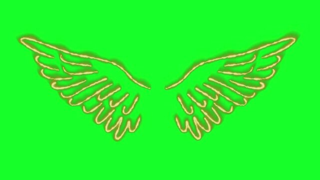 Glowing golden neon angel wings flapping smoothly on green screen chroma key background overlay for video editing