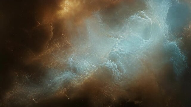 Abstract cosmic nebula with swirling blue and brown gases and sparkling stars