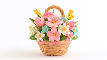 Obraz premium A vibrant basket filled with colorful flowers, showcasing a delightful arrangement of pink, blue, and white blossoms that add charm to any space.