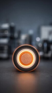 Cinematic Macro Science of Glowing Circular Material Object with Copper Wire Core, Layered Insulation, Textured Metal Surface, Orange Light Ring, Industrial Background, Futuristic Laboratory Mood