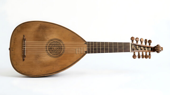 Antique Wooden Lute Musical Instrument Isolated on a Plain White Background Studio