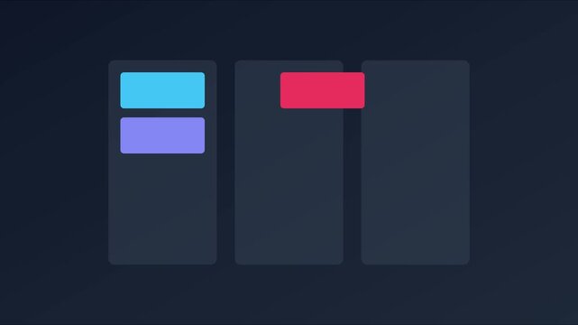 Minimalist kanban board task management interface with animated color-coded project status cards and smooth workflow transitions animation 4k