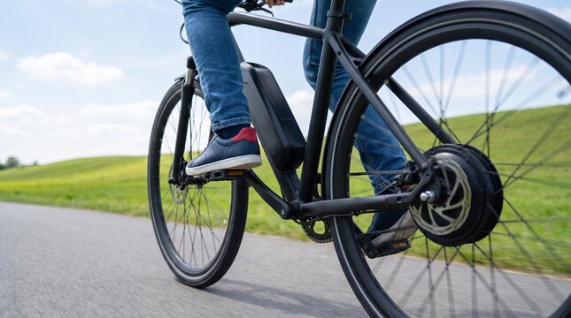 Close up of a person riding an electric bicycle outdoors on a paved rural road