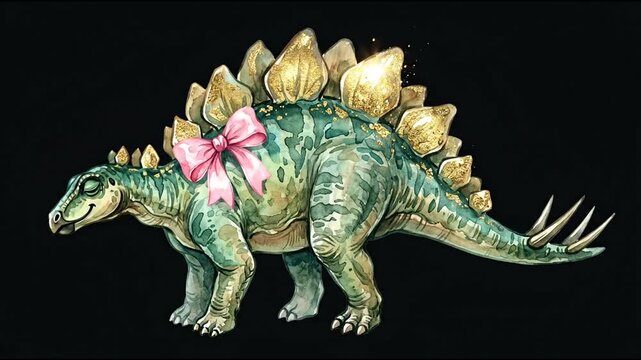 Cute watercolor stegosaurus dinosaur with pink bow blinking on black background.