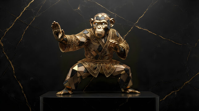 A stylized geometric monkey sculpture in a martial arts fighting pose on a dark background
