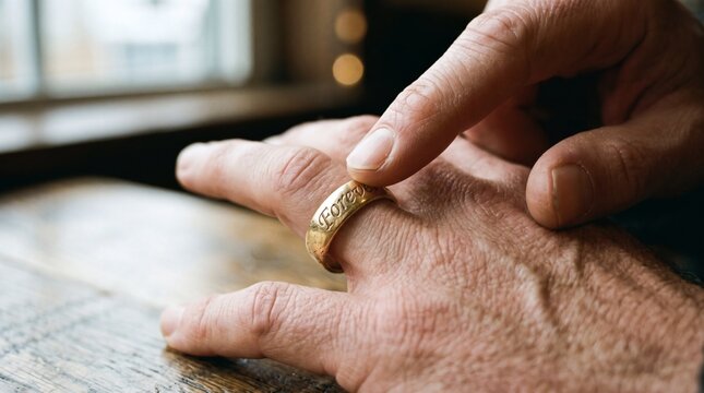 Close up of a man's hand touching a gold wedding ring engraved with the word Forever