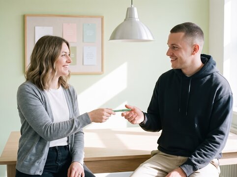 Generative AI, Two colleagues smiling and exchanging a pen in a casual bright workspace