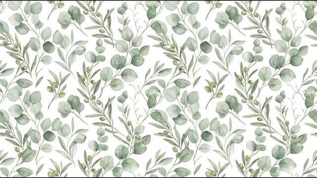 Seamless Watercolor Eucalyptus and Olive Leaves Pattern Scrolling on White