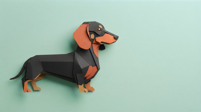 A handmade paper craft dachshund dog standing on a light green surface