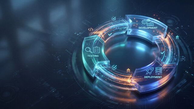Glowing glass circular software development lifecycle diagram featuring interactive icons for testing and deployment phases set against a dark blue digital interface background with bright orange ligh