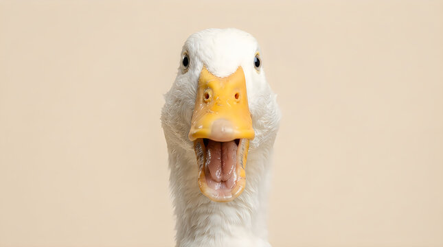 Close up portrait of a funny white domestic goose with an open beak looking at the camera