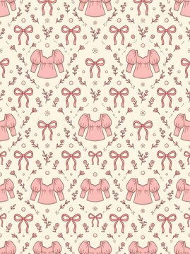 Feminine cottagecore pattern with pink blouses and bows
