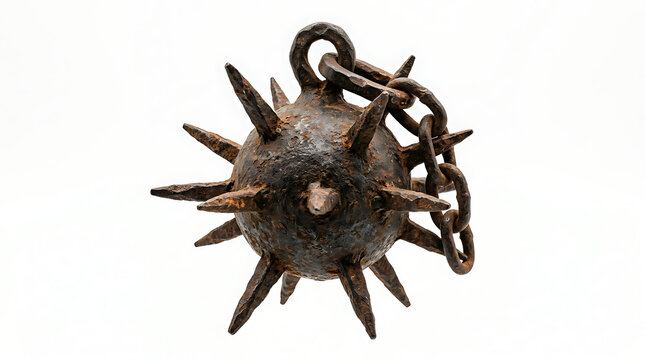 Antique Medieval Iron Spiked Flail Weapon Head Isolated on White Background