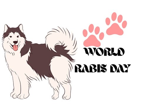 World Rabies Day awareness illustration featuring a standing Alaskan Malamute dog, pink paw prints, and bold typography, flat vector design isolated on a clean white background.