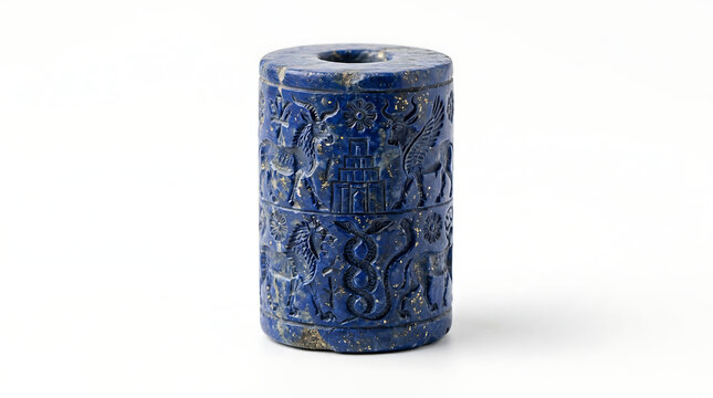 Ancient Mesopotamian Lapis Lazuli Cylinder Seal Artifact Isolated on White Background