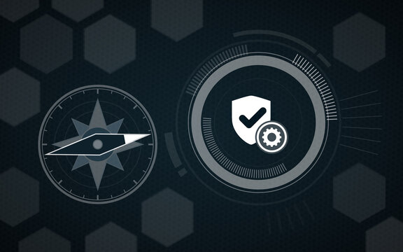 A conceptual digital background showcasing a compass pointing towards a security shield with settings gear, representing cyber protection, navigation, and IT strategy.