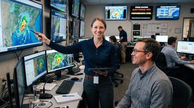 Weather monitoring team in storm tracking control room