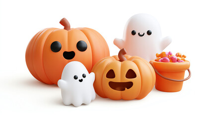 Naklejka premium Playful Halloween scene featuring cheerful pumpkins and cute ghosts. Perfect for festive decorations, parties, and children's events. Spooky fun awaits!