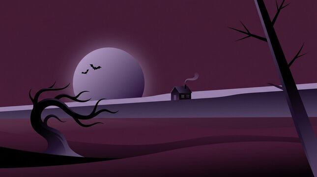 Spooky house with a big full moon and bare trees in a dark purple night landscape