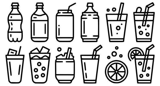 Cold Soda Drink Icons Set, Soft Drink Outline Vector Collection