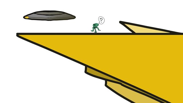 An alien with tentacles stands on a cliff. A flying saucer hovers nearby.