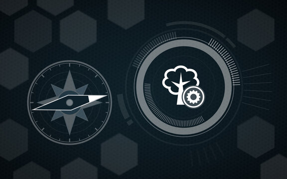 Digital compass pointing at a stylized tree and gear icon on a dark tech background, symbolizing nature technology, ecology management, and sustainable solutions