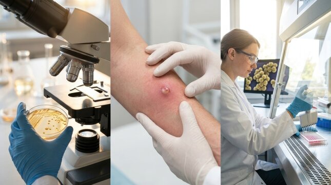 Bacterial pathogen investigation: Staphylococcus pathogen, skin infection, culture grow, laboratory research, disease diagnose, microscopic organism, medical scientist.