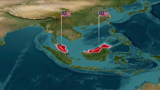 Malaysia's national flags and borders displayed on animated satellite map footage