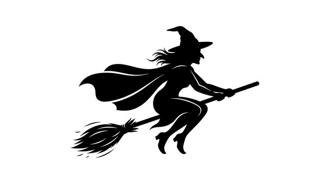 Silhouette of a witch flying on a broom against a plain white background