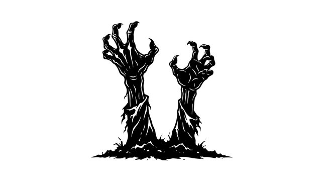 Two decaying zombie hands reaching up from the ground in a rough sketch style