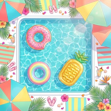 Tropical summer pool party illustration, colorful swimming pool with donut and pineapple floats, sunny vacation resort aesthetic