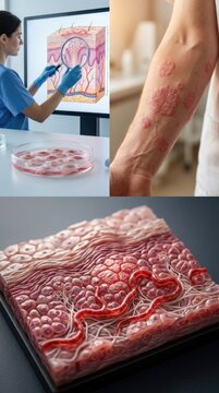 Psoriasis plaque sample: skin disease, medical research, examine cell, dermatology clinic, human arm, show symptom, doctor diagnose, analyze tissue, dermis layer, magnify lesion.