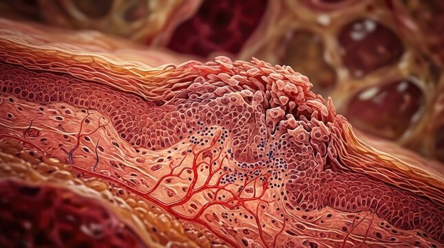 Dermatological tissue damage: psoriasis disease, epidermal plaque, skin layer, blood vessel, cellular growth, dermal inflammation, cutis structure, chronic irritation.