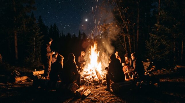 Group of friends gathered around a campfire at night under a starry sky