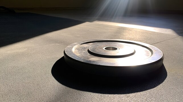 bodybuilding. Single weight plate on a gym floor, illuminated by dramatic overhead lighting in an industrial space. event key visuals.
