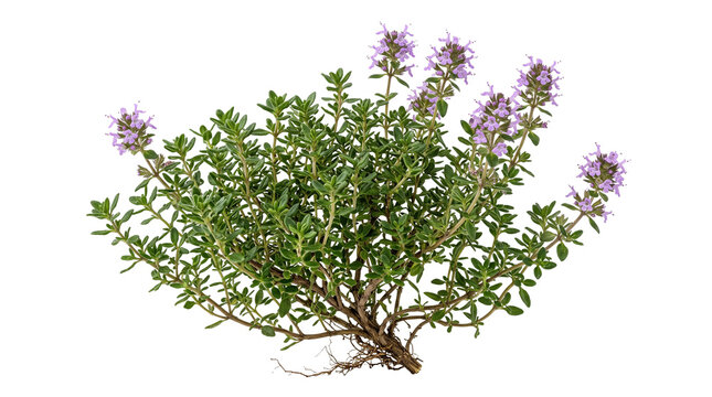 Thyme plant featuring small blooming purple flowers and green leaves stands isolated on a pure white background.