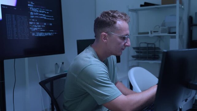 Focused AI developer and technology professional working at computer workstation in modern office, coding software and analyzing data for artificial intelligence project.