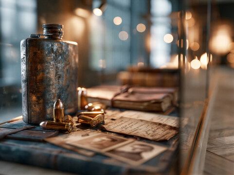 Glass museum case showcasing wartime resistance relics including aged flask, bullet casings and sepia photos under warm spotlight and muted earth tones, perfect for memorial exhibitions.