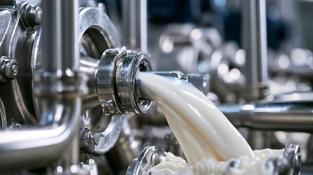 Milk flowing through stainless steel pipes in a dairy processing plant.