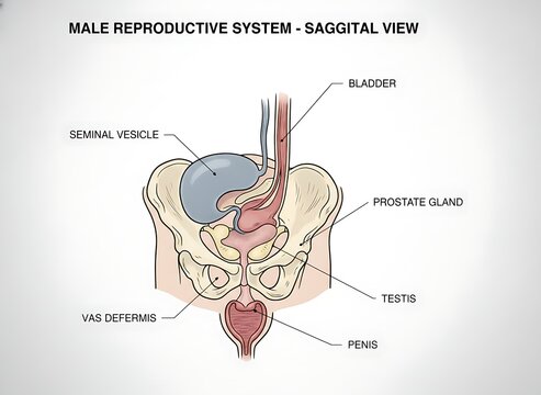 Detailed medical diagram of male reproductive system featuring sagittal view of testis and prostate for anatomical study and clinical training