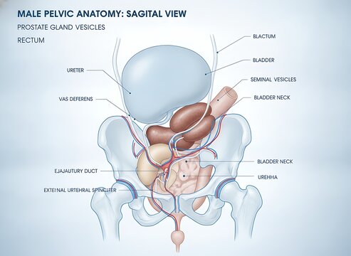 Medical illustration of human male pelvic anatomy showing bladder and prostate gland in sagittal view for clinical education and anatomical study