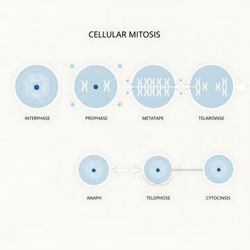 Educational diagram illustrating stages of cellular mitosis from interphase to cytokinesis for biology students and medical professionals