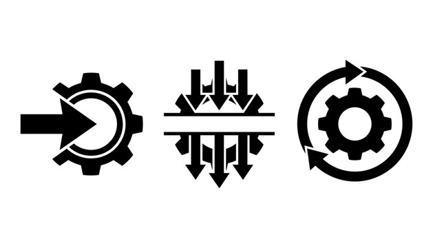 Data processing and workflow integration icon set vector with gear mechanism inputs outputs and continuous optimization symbols.