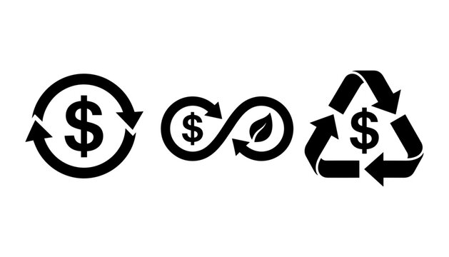 Circular economy and green investment icon set vector with recycle finance sign infinity eco loop and dollar symbols.