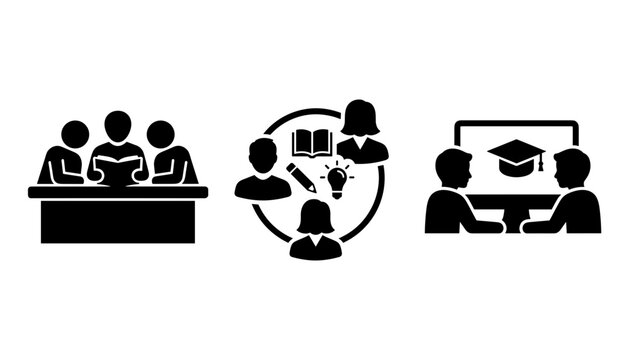 Online education and study group icon set vector with students reading book learning network and computer graduation symbols.